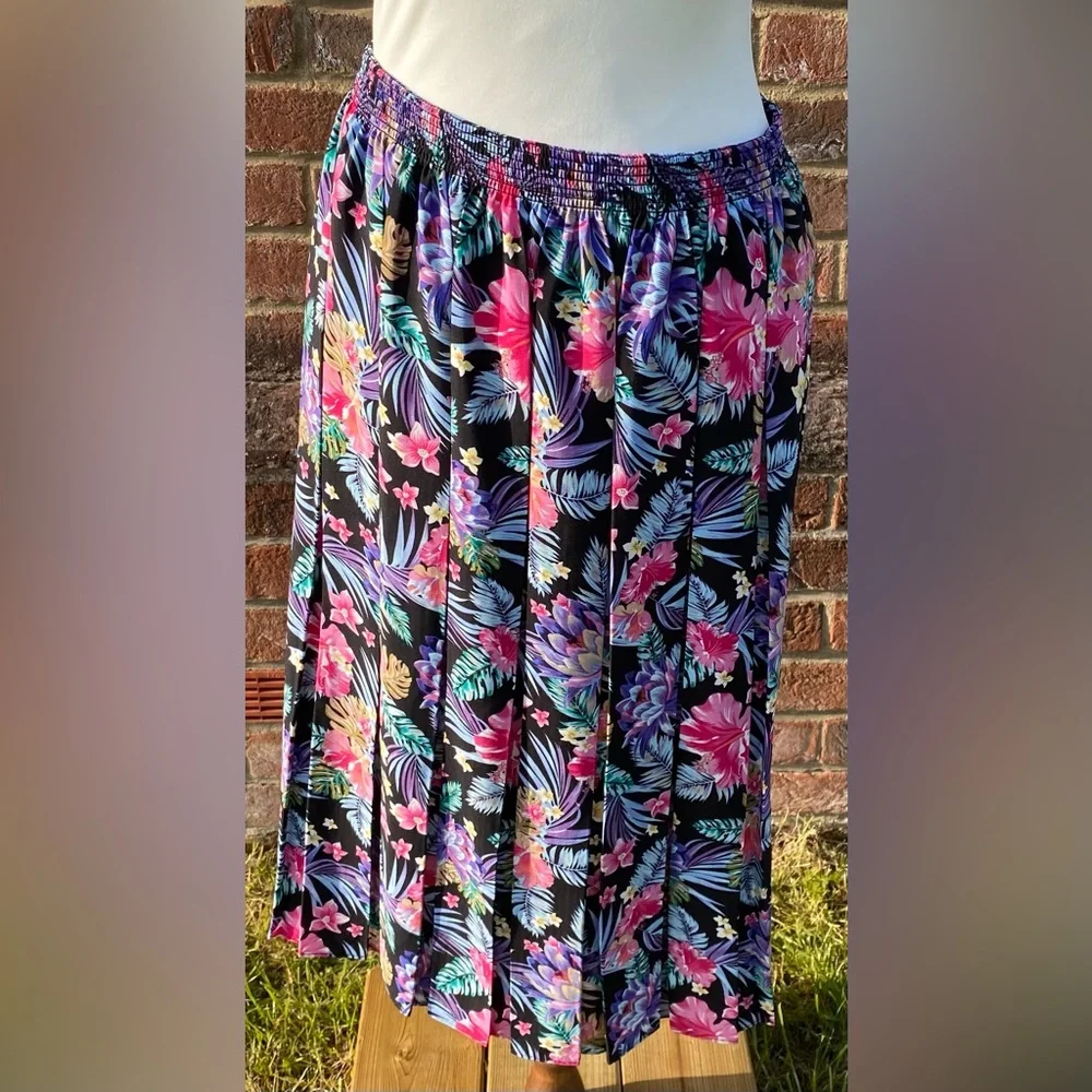 Vintage Floral Print Pleated Skirt Knee Length Midi Tropical Print Size M - Picture 1 of 7